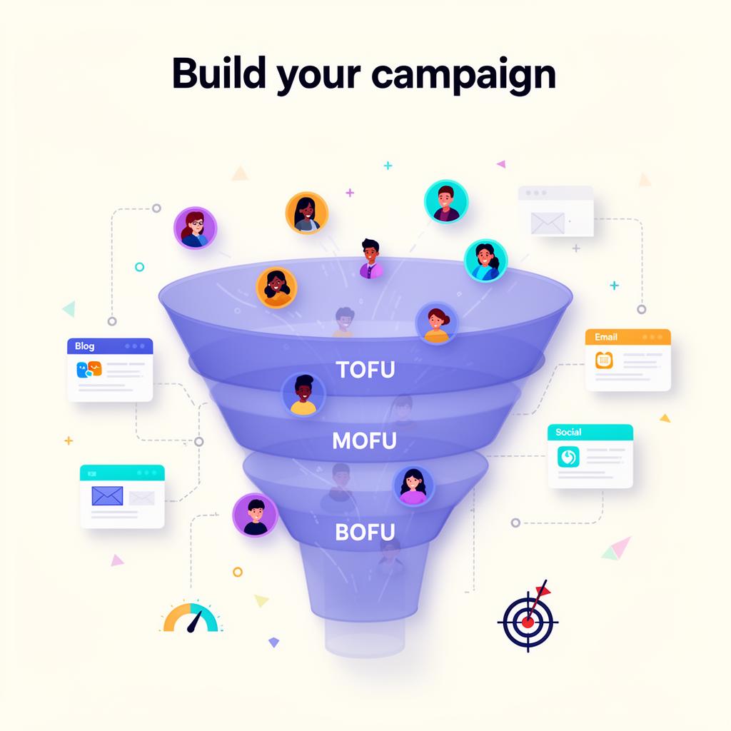 IZZE campaign builder showing TOFU, MOFU, and BOFU content mapped to multiple personas