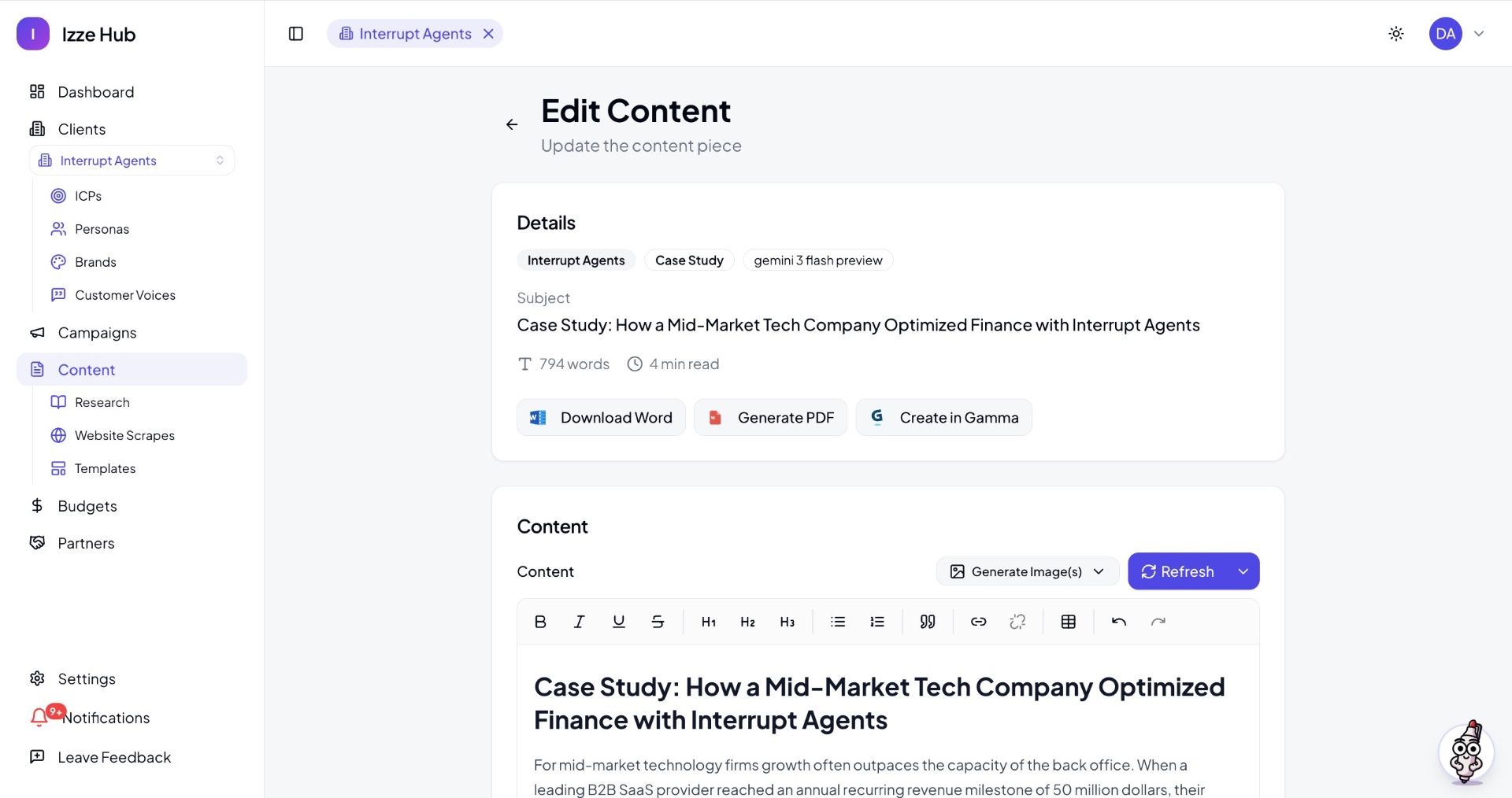 IZZE content editor with brand voice controls and publish destinations for LinkedIn, WordPress and Webflow